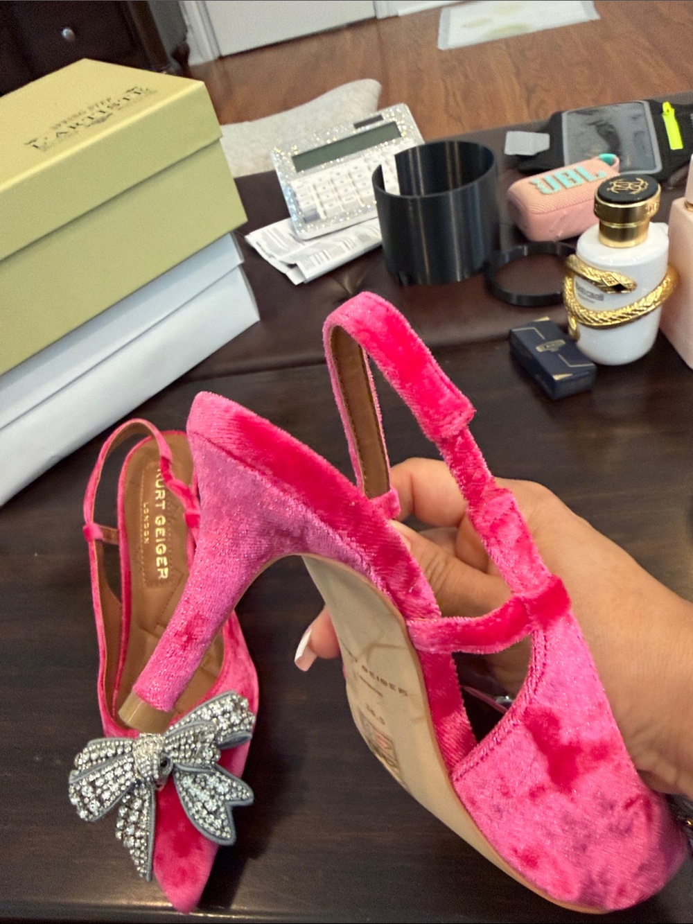 Kurt Geiger Hot Pink Velvet Slingback Flats with Crystal Bow - Picture 7 of 7